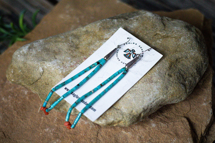 Turquoise Heishi and Coral Sterling Silver Long Earrings
