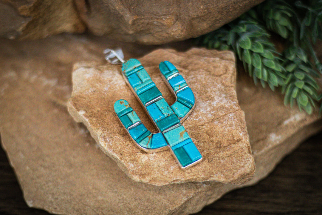 Turquoise Valley Cobble Stone 3" Saguaro Cactus Pendant