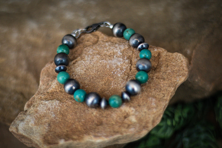 Saucers with Navajo Pearls 10mm and 8mm Turquoise Bracelet 6" Wrist (adjustable)