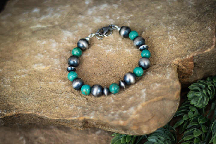 Saucers with Navajo Pearls 10mm and 8mm Turquoise Bracelet 6" Wrist (adjustable)