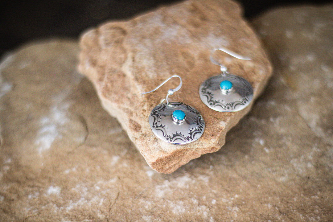 Concho Stamped Turquoise Earrings by Kathy Lee 1" in Diameter