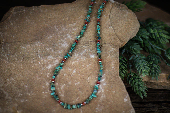 Turquoise and Coral Nugget with 3mm Navajo Pearls Necklace 22"