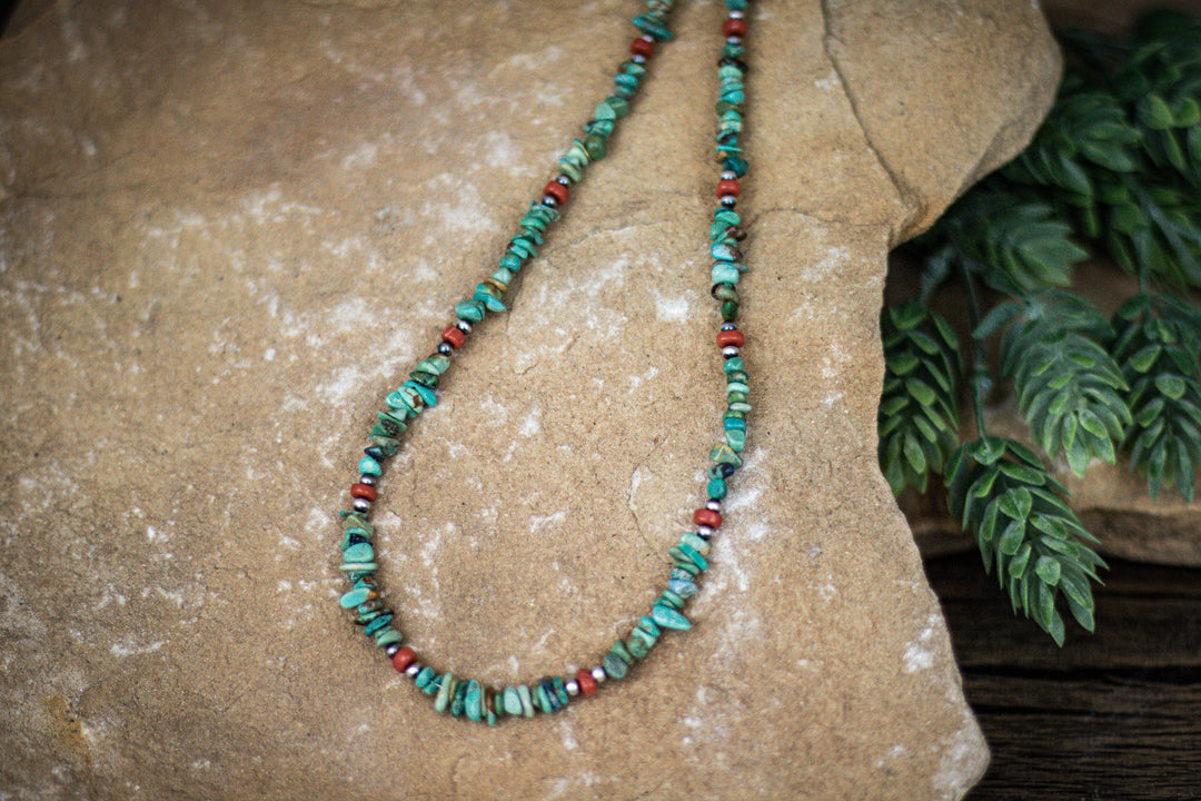 Turquoise and Coral Nugget with 3mm Navajo Pearls Necklace 22"