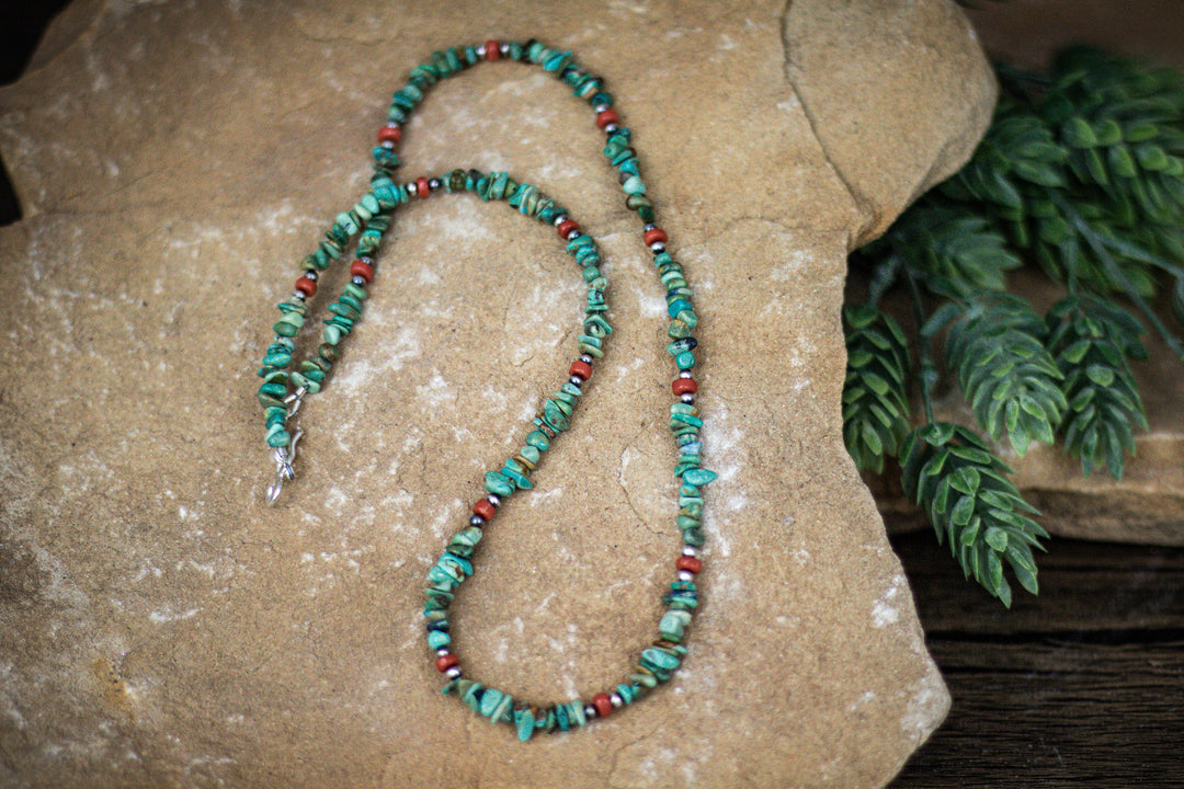 Turquoise and Coral Nugget with 3mm Navajo Pearls Necklace 22"