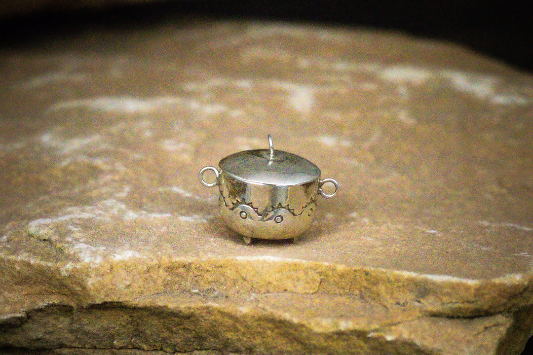 Sterling Silver Hand Stamped Miniature Pot Dimension: 1" Wide From Handle to Handle 3/4" Circumference