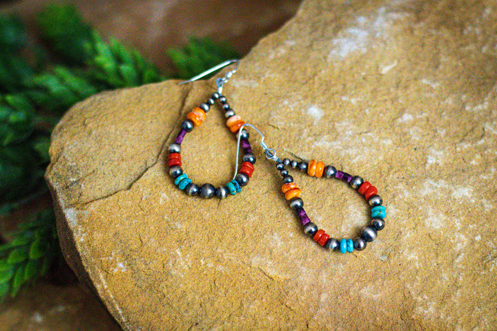 Multi Color Stone and Shell with Navajo Pearls Earrings 2-1/2" Long