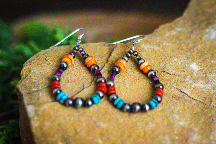Multi Color Stone and Shell with Navajo Pearls Earrings 2-1/2" Long