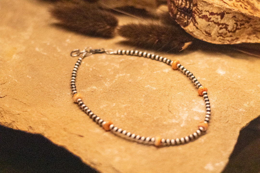 3mm Navajo Pearl with Orange Spiny Anklet 9" long (adjustable)