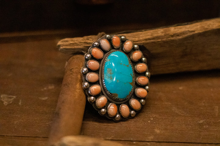 Turquoise Pink Coral Oval Cluster Adjustable Ring