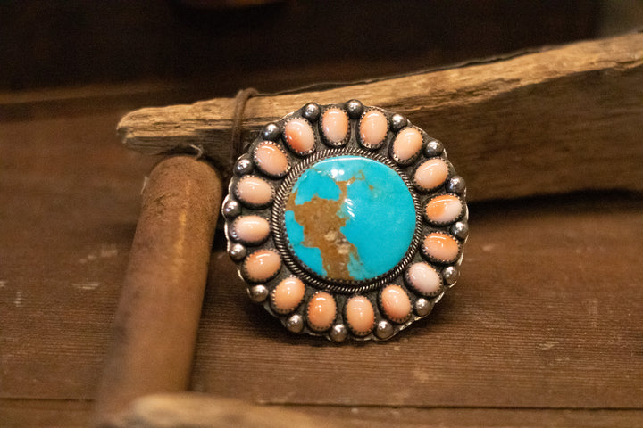 Turquoise & Pink Coral Round Cluster Adjustable Ring