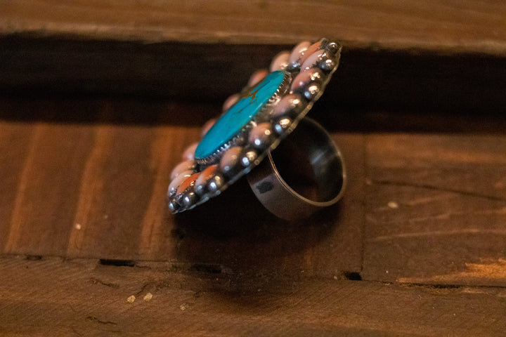 Turquoise & Pink Coral Round Cluster Adjustable Ring