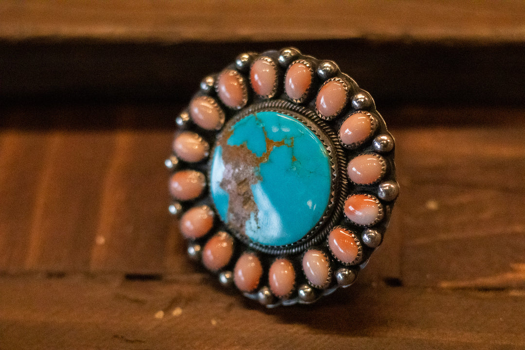 Turquoise & Pink Coral Round Cluster Adjustable Ring