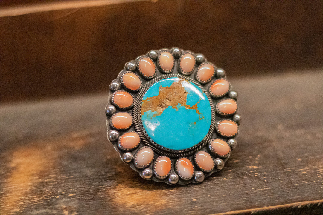 Turquoise & Pink Coral Round Cluster Adjustable Ring