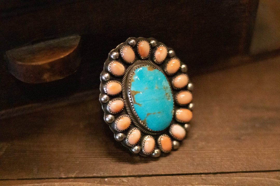 Turquoise Pink Coral Oval Cluster Adjustable Ring