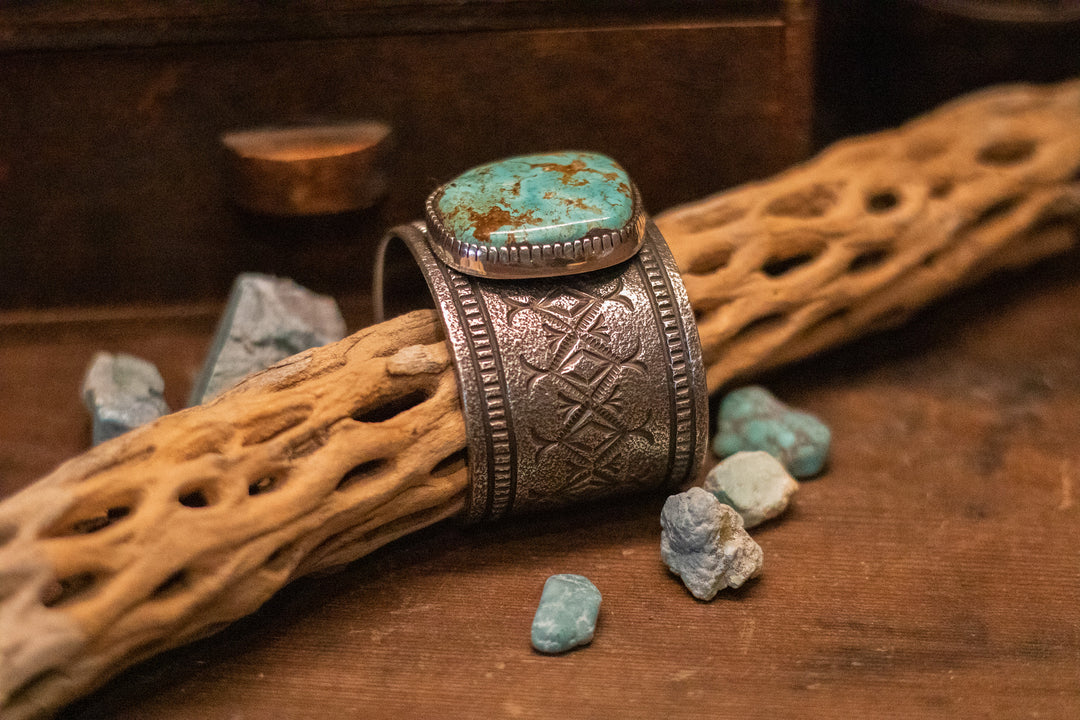 Turquoise and Sterling Silver Tufa Cast Cuff Bracelet