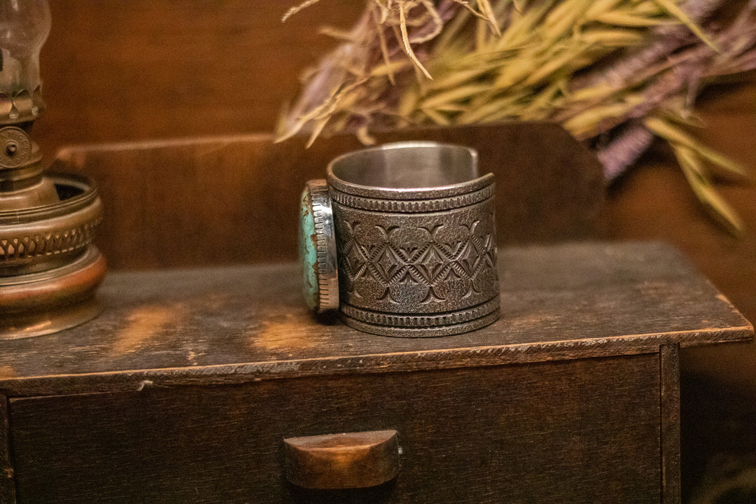 Turquoise and Sterling Silver Tufa Cast Cuff Bracelet