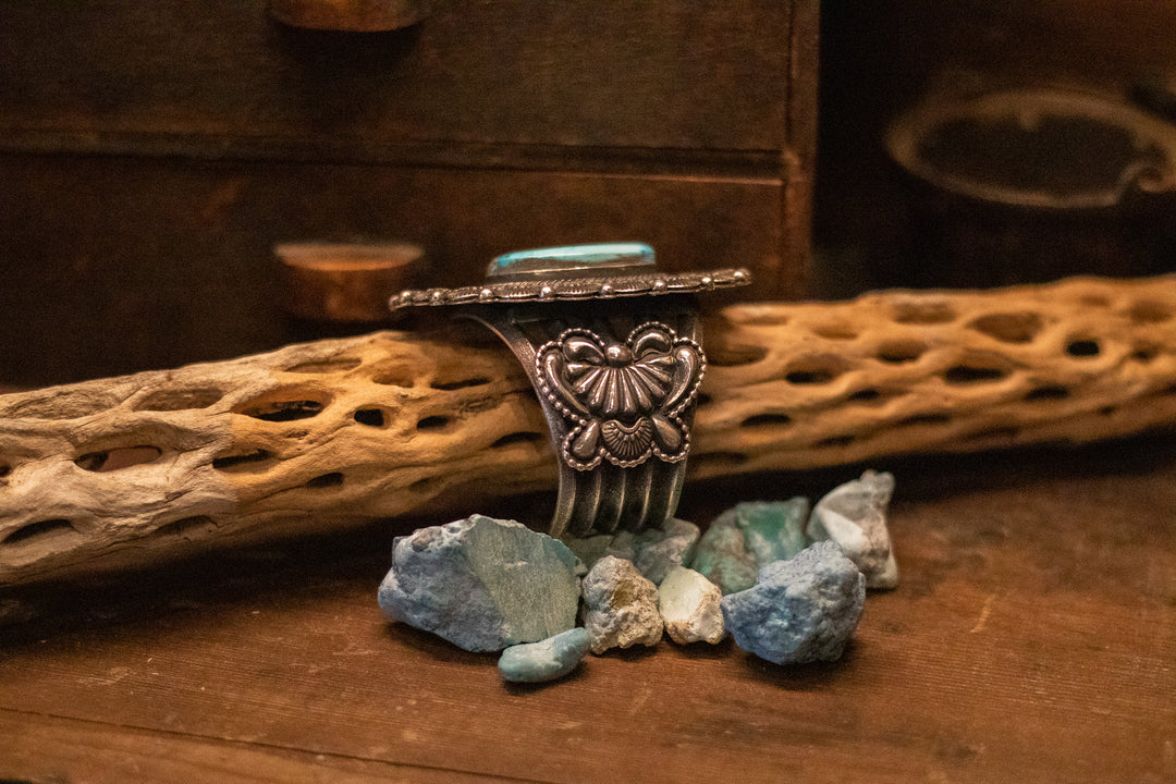 Sterling Silver Turquoise with Butterflies Heavy Stamped Cuff Bracelet