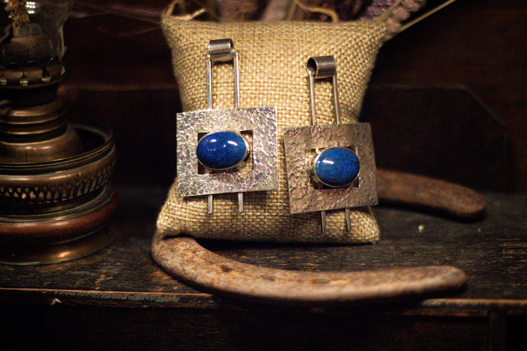 Denim Lapis Sterling Silver Hammered Square Earrings