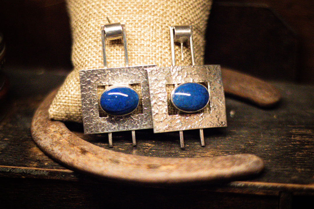 Denim Lapis Sterling Silver Hammered Square Earrings