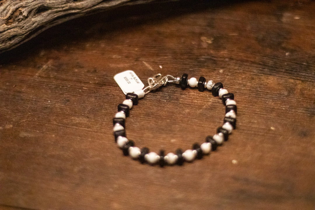 White Buffalo 4mm Beads with Squre Jet and Sterling Silver Spacers Bracelet