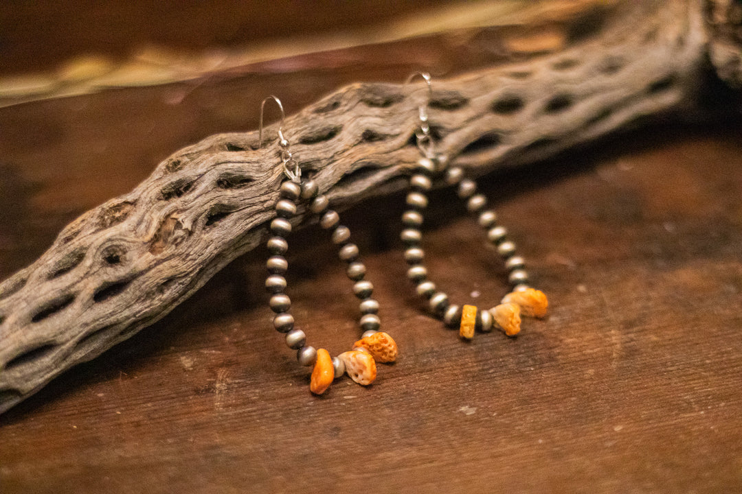 Orange Spiny Paddle 6mm Navajo Pearl Earrings – 6mm Navajo Pearls –Length 2-3/4" –Sterling Silver –3 Orange Spiny Paddles