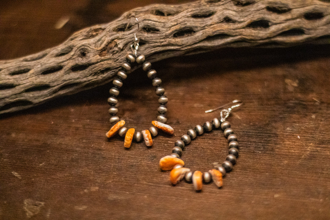 Orange Spiny Paddle 6mm Navajo Pearl Earrings