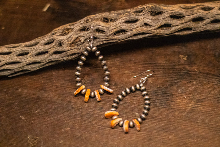 Orange Spiny Paddle 6mm Navajo Pearl Earrings