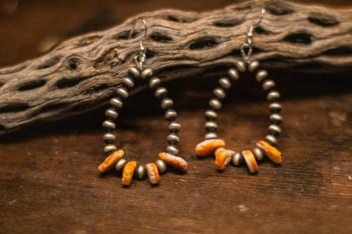 Orange Spiny Paddle 6mm Navajo Pearl Earrings