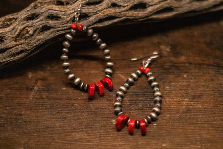 Red Sponge Coral Paddle 6mm Navajo Pearl Earrings