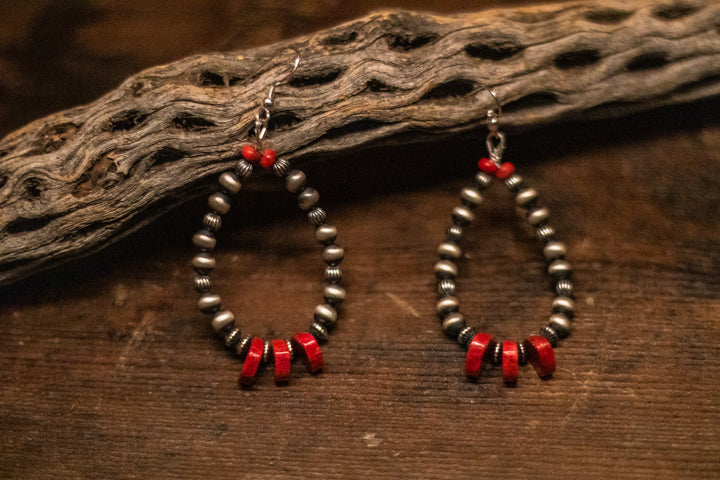 Red Sponge Coral Paddle 6mm Navajo Pearl Earrings