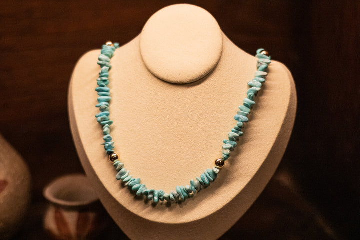 Dry Creek Turquoise with 14K Yellow Gold Necklace 20" Long