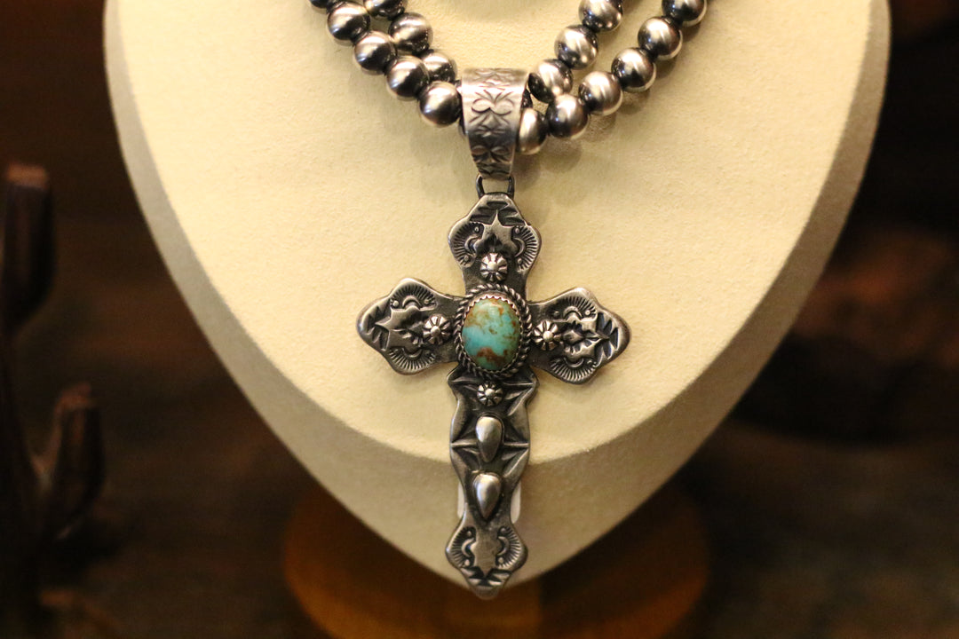 Stamped Cross and Turquoise Pendant