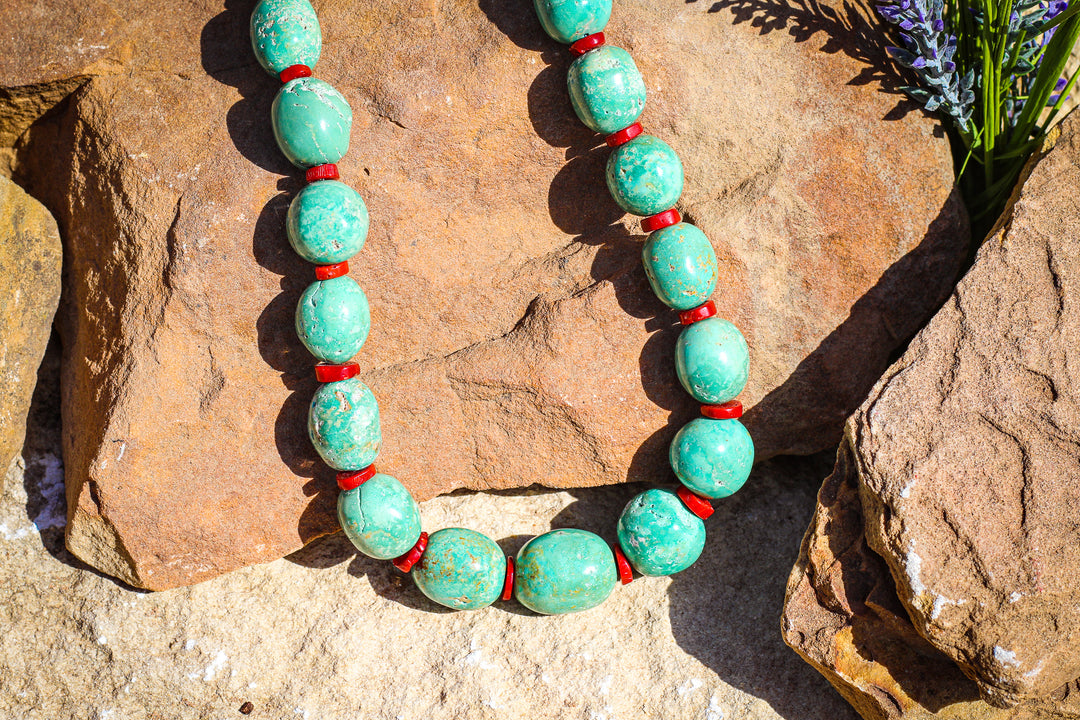 Elisa Turquoise 20mm Graduated with Coral Necklace 24"