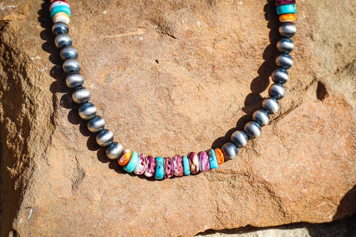 Navajo Pearl 7mm with Orange/Purple/Turquoise beads 16" Necklace