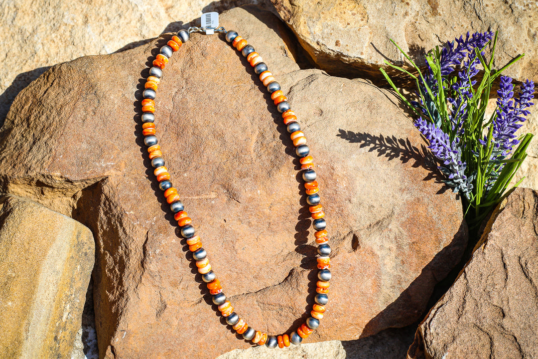 Orange Spiny with 7mm Navajo Pearls 18" Necklace