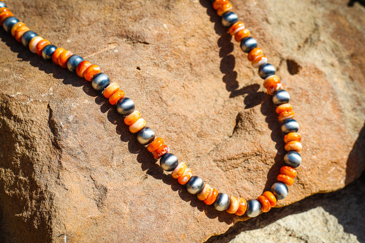 Orange Spiny with 7mm Navajo Pearls 18" Necklace
