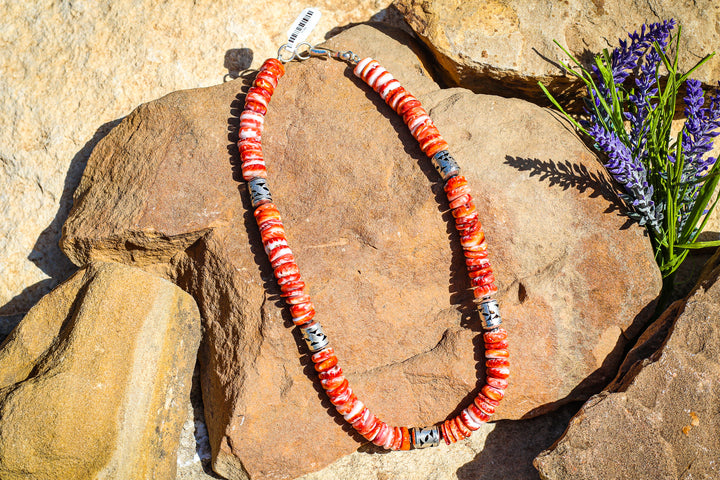 Red Spiny with Sterling Silver Barrels 18" Necklace