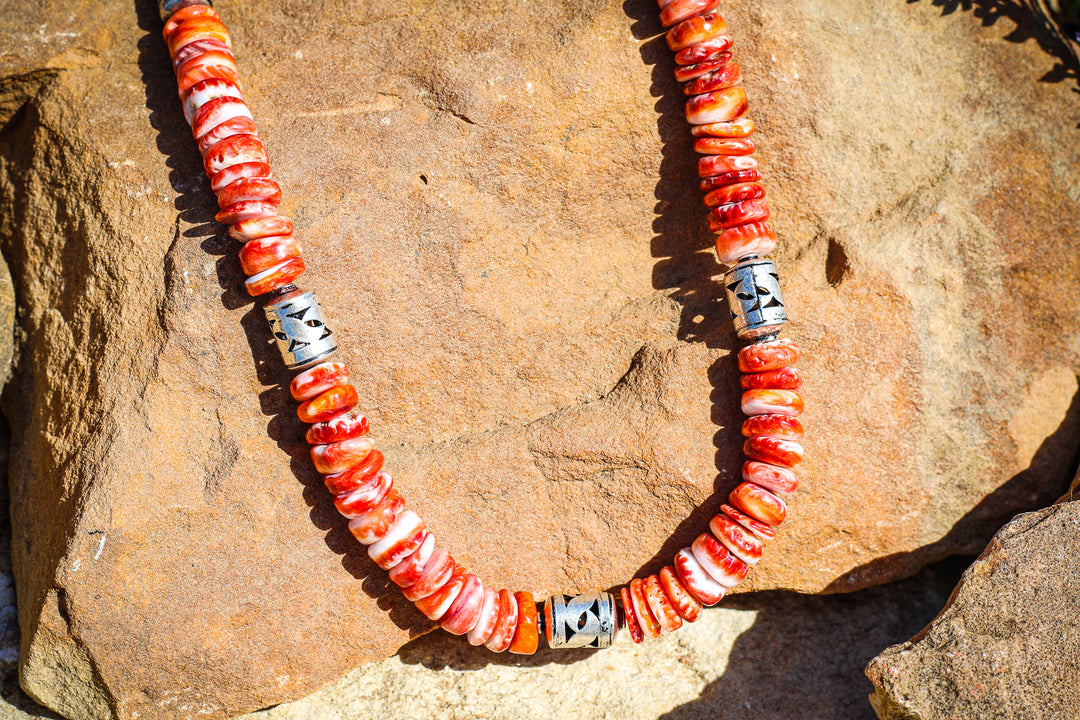 Red Spiny with Sterling Silver Barrels 18" Necklace