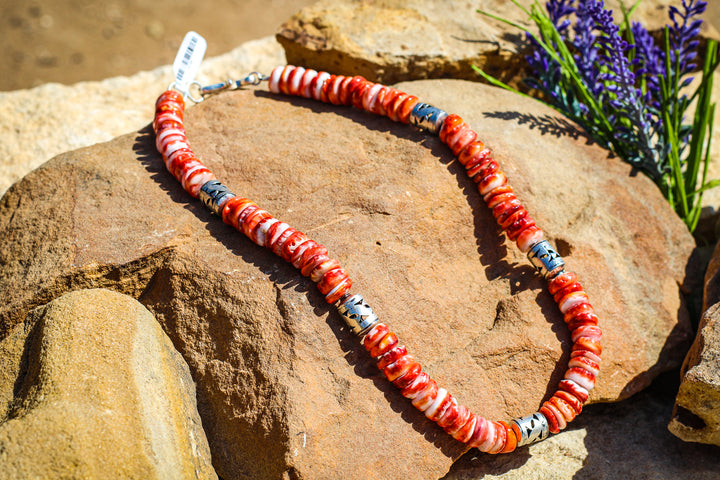 Red Spiny with Sterling Silver Barrels 18" Necklace