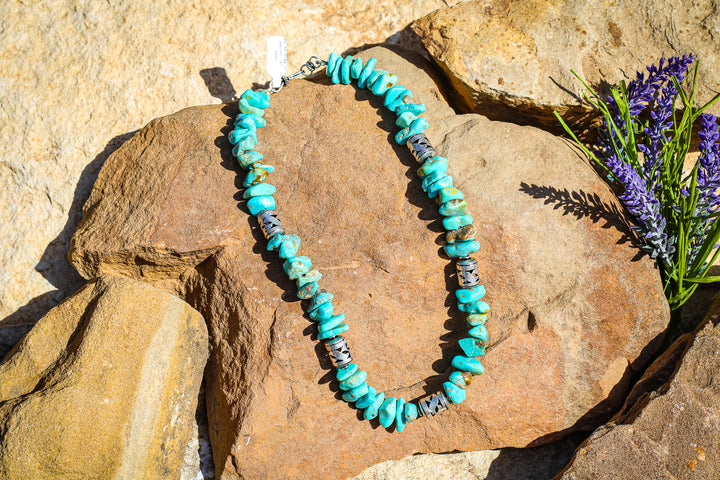 Kingman Turquoise Nugget Barrel Beads 18" Necklace