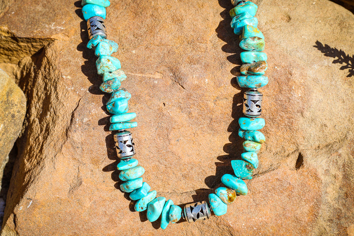 Kingman Turquoise Nugget Barrel Beads 18" Necklace