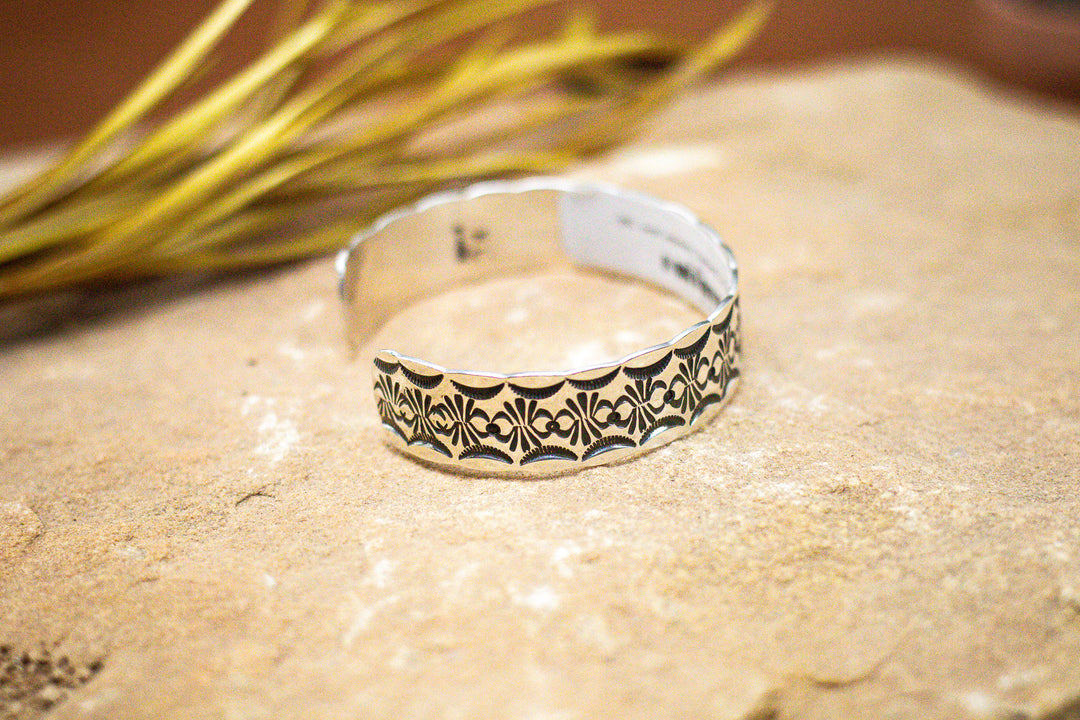 Sterling Silver 18 Gauge 1/2" Wide Sun Rays and Carpenter Stamped Cuff Bracelet