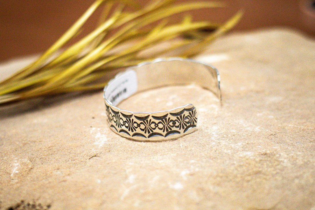 Sterling Silver 18 Gauge 1/2" Wide Sun Rays and Carpenter Stamped Cuff Bracelet