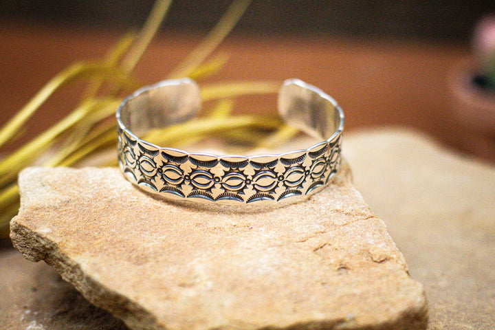 Sterling Silver 18 Gauge 1/2" Wide Rising Half Suns and Sun Rays Stamped Cuff Bracelet