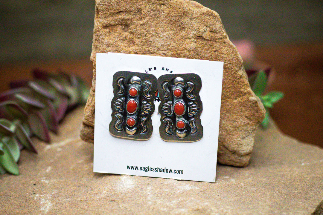 Natural Coral Sterling Silver Deep Stamp Post Earrings