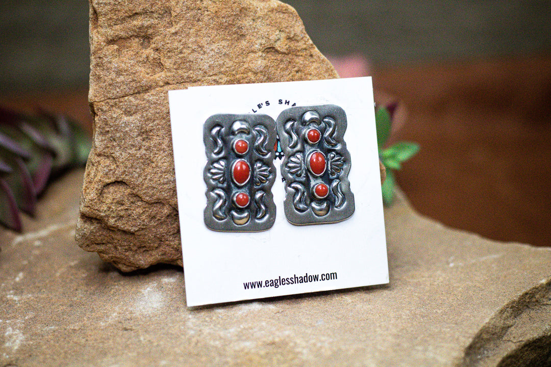 Natural Coral Sterling Silver Deep Stamp Post Earrings