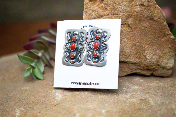 Natural Coral Sterling Silver Deep Stamp Post Earrings