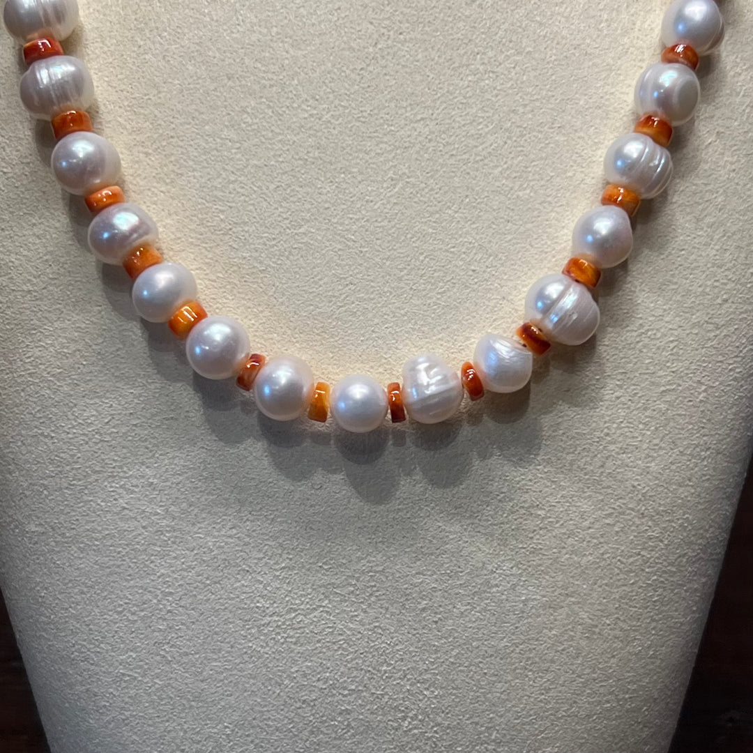 Orange Spiny Oyster & Freshwater Pearls Necklace