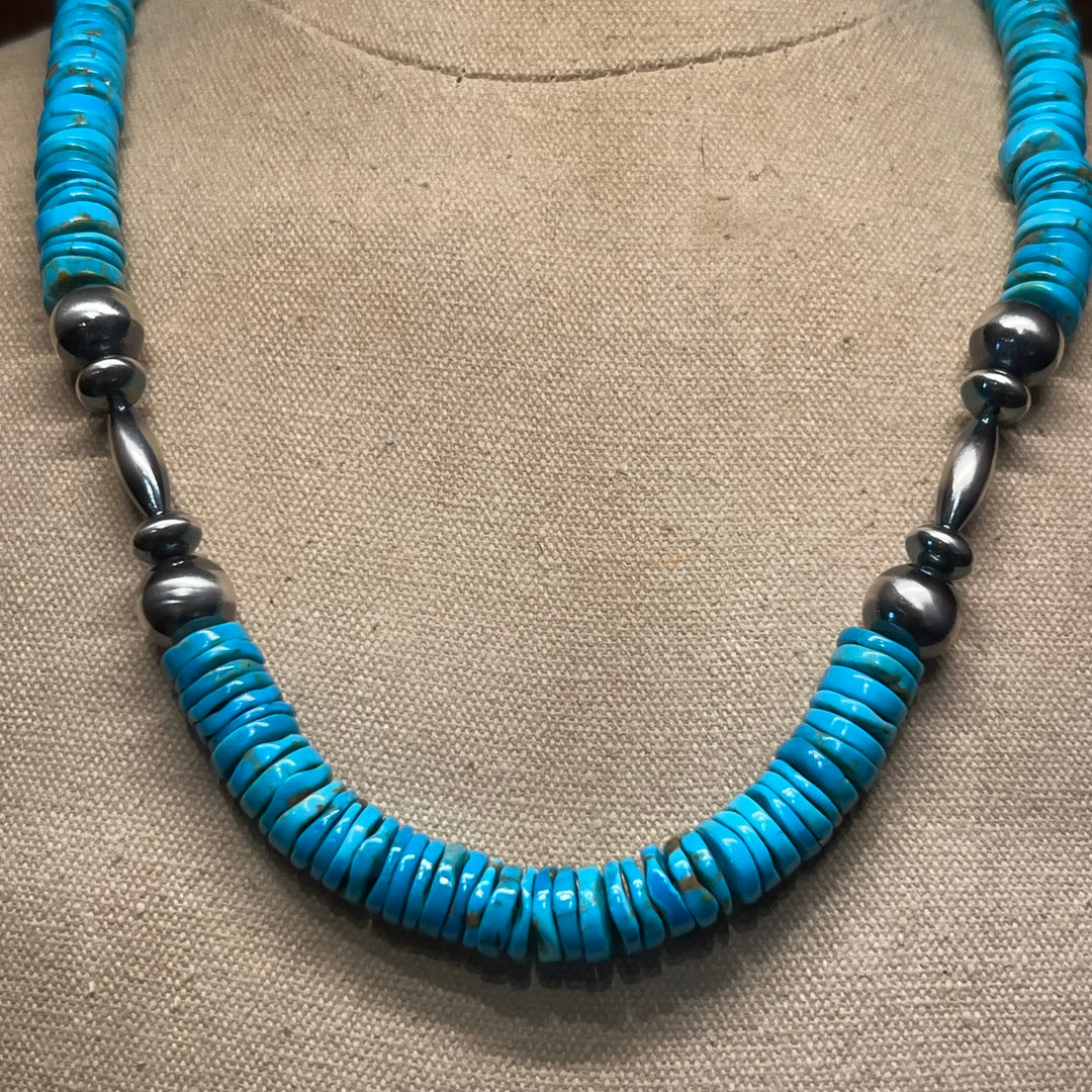 Heshi Turquoise & Navajo Peals 12mm Necklace 23”