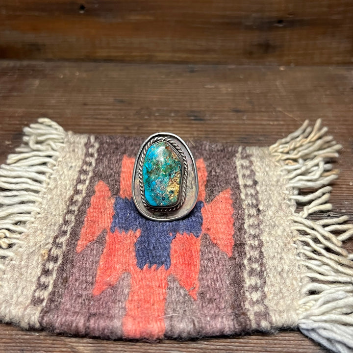 Blue Diamond Dome Nevada Turquoise Rope 1-1/2 Long Vintage 1970's Navajo Sterling Silver Ring Size 10